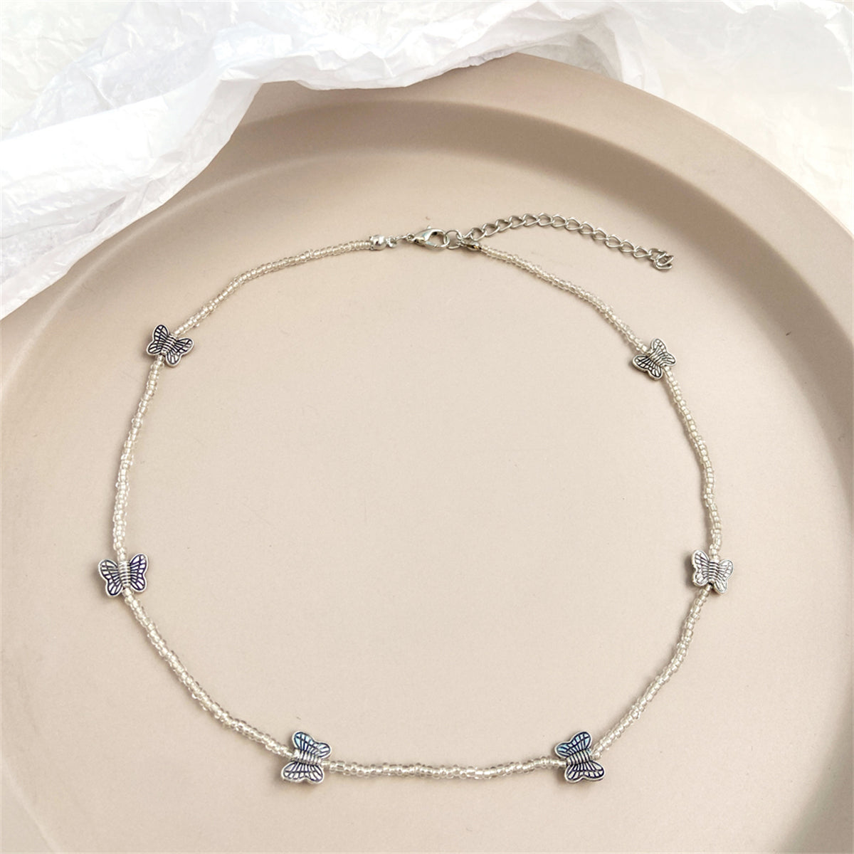 Clear Acrylic & Silver-Plated Butterfly Beaded Station Necklace
