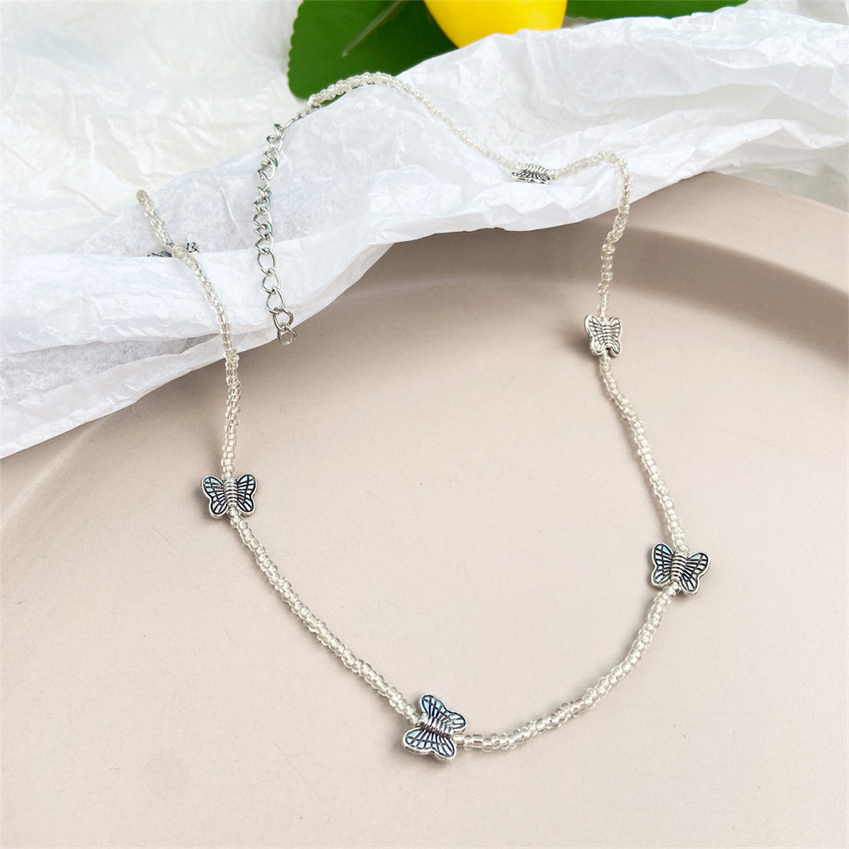 Clear Acrylic & Silver-Plated Butterfly Beaded Station Necklace