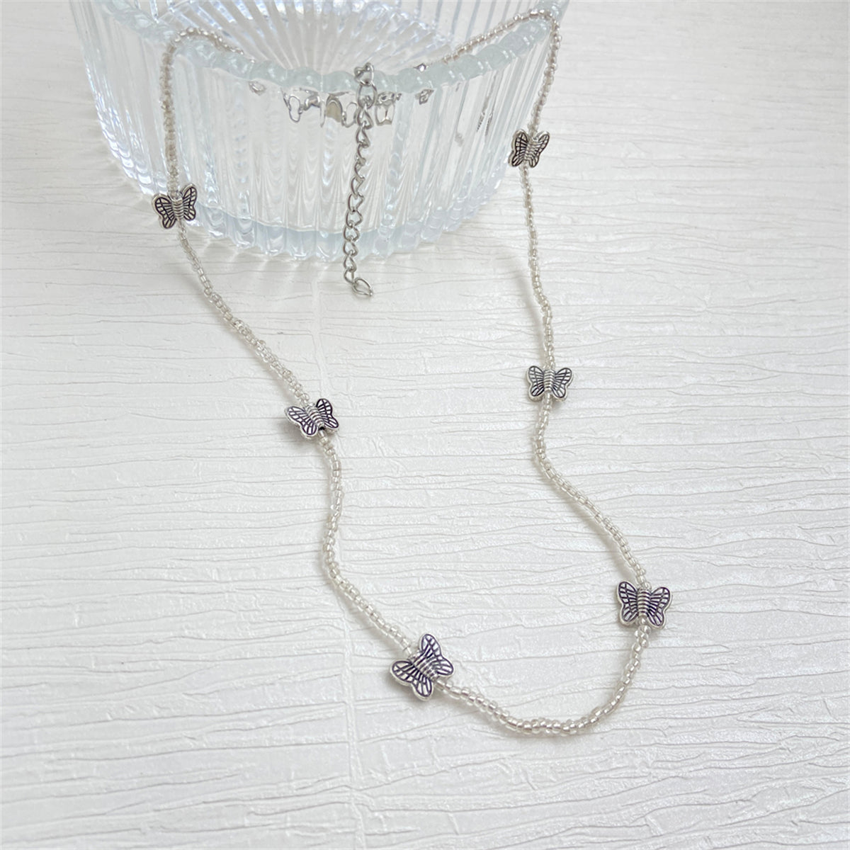 Clear Acrylic & Silver-Plated Butterfly Beaded Station Necklace