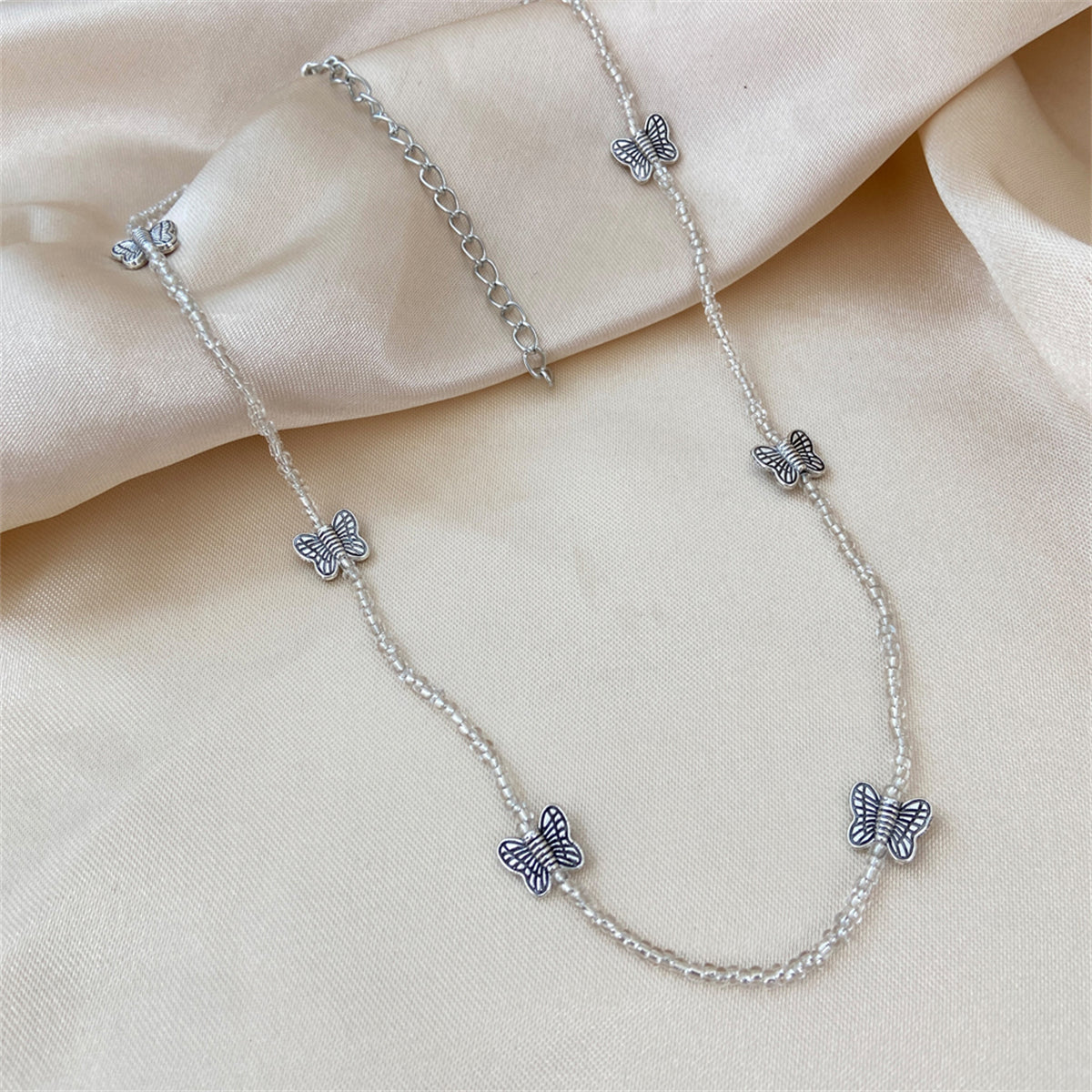 Clear Acrylic & Silver-Plated Butterfly Beaded Station Necklace