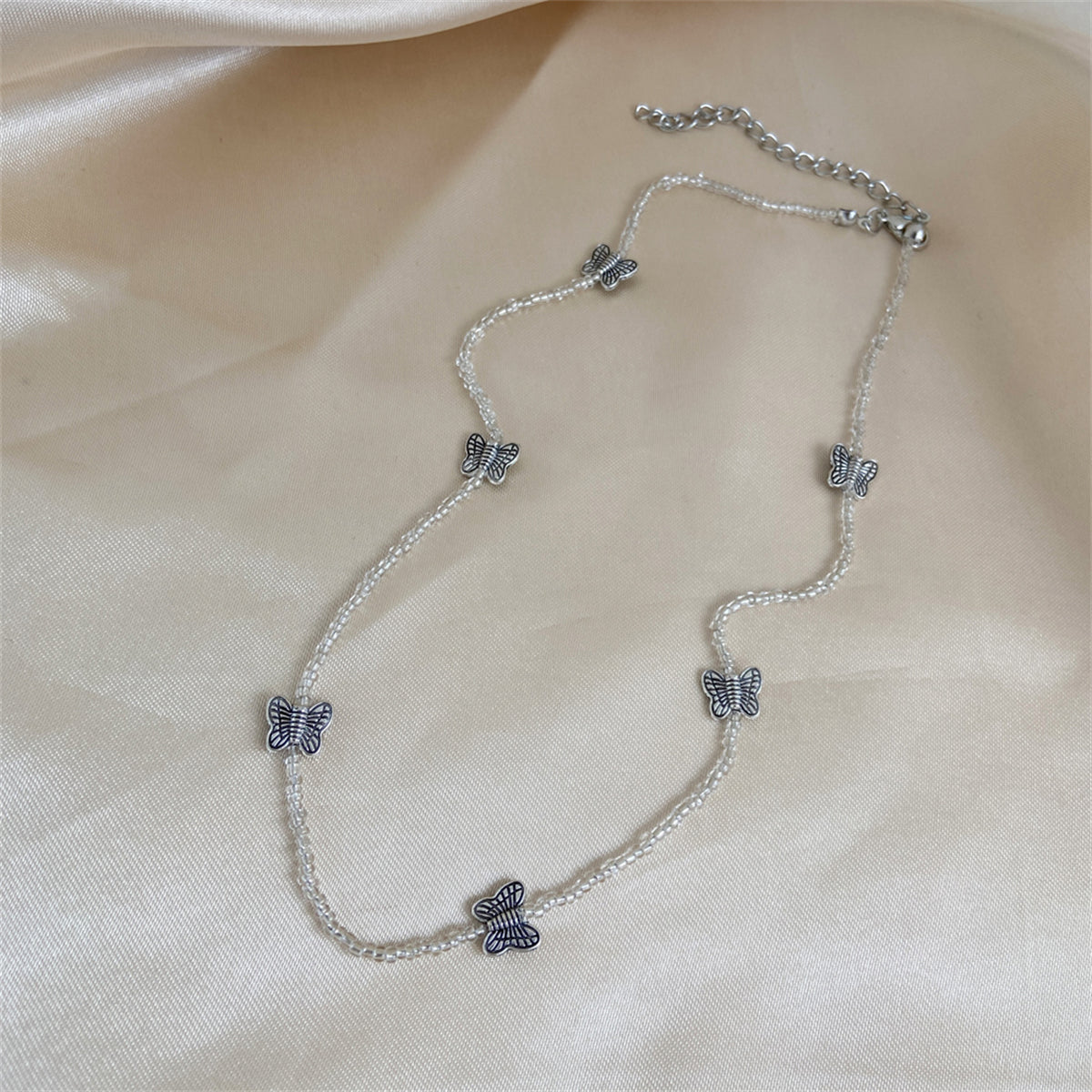 Clear Acrylic & Silver-Plated Butterfly Beaded Station Necklace