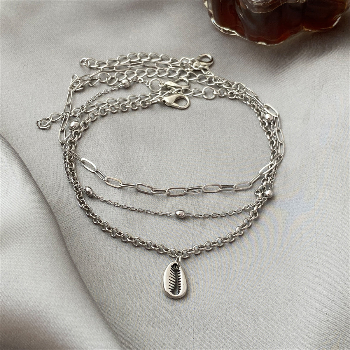 Silver-Plated Shell Charm Anklet Set