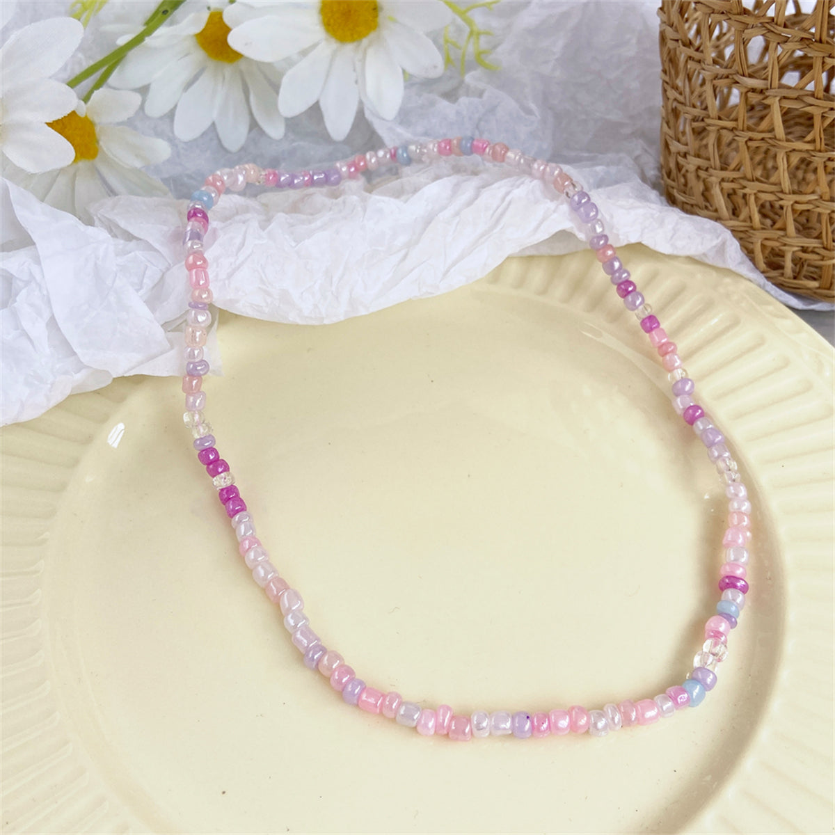 White & Multicolor Teal Howlite & Acrylic Stretch Necklace