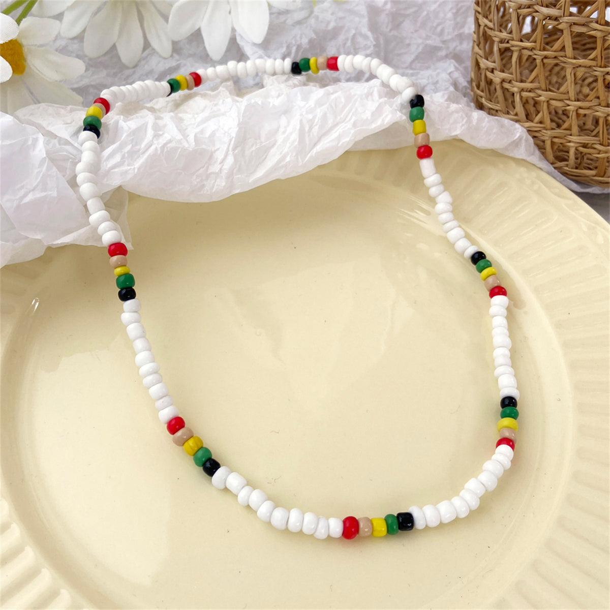White & Multicolor Teal Howlite Stretch Necklace