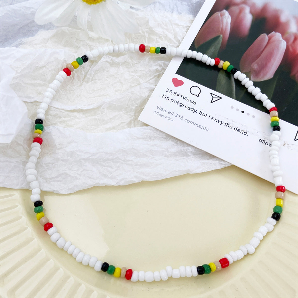 White & Multicolor Teal Howlite Stretch Necklace