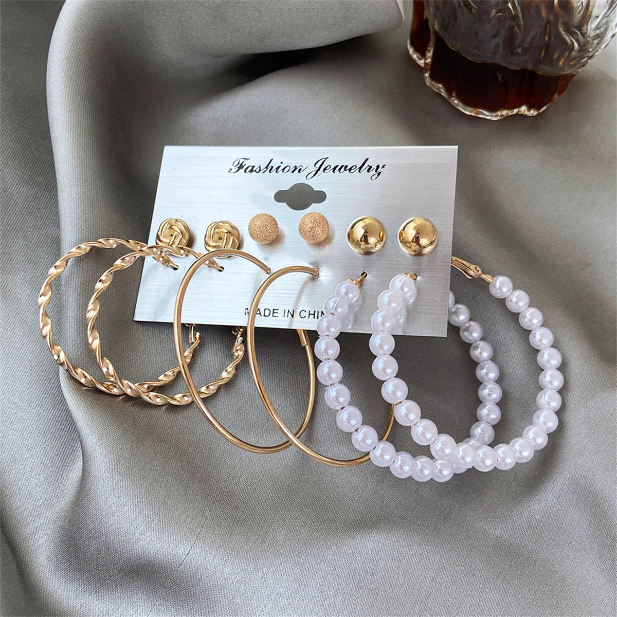 Pearl and 18K Gold-Plated Frosted Twisted Hoop Earring Set, gold stud earrings for women, detail close-up