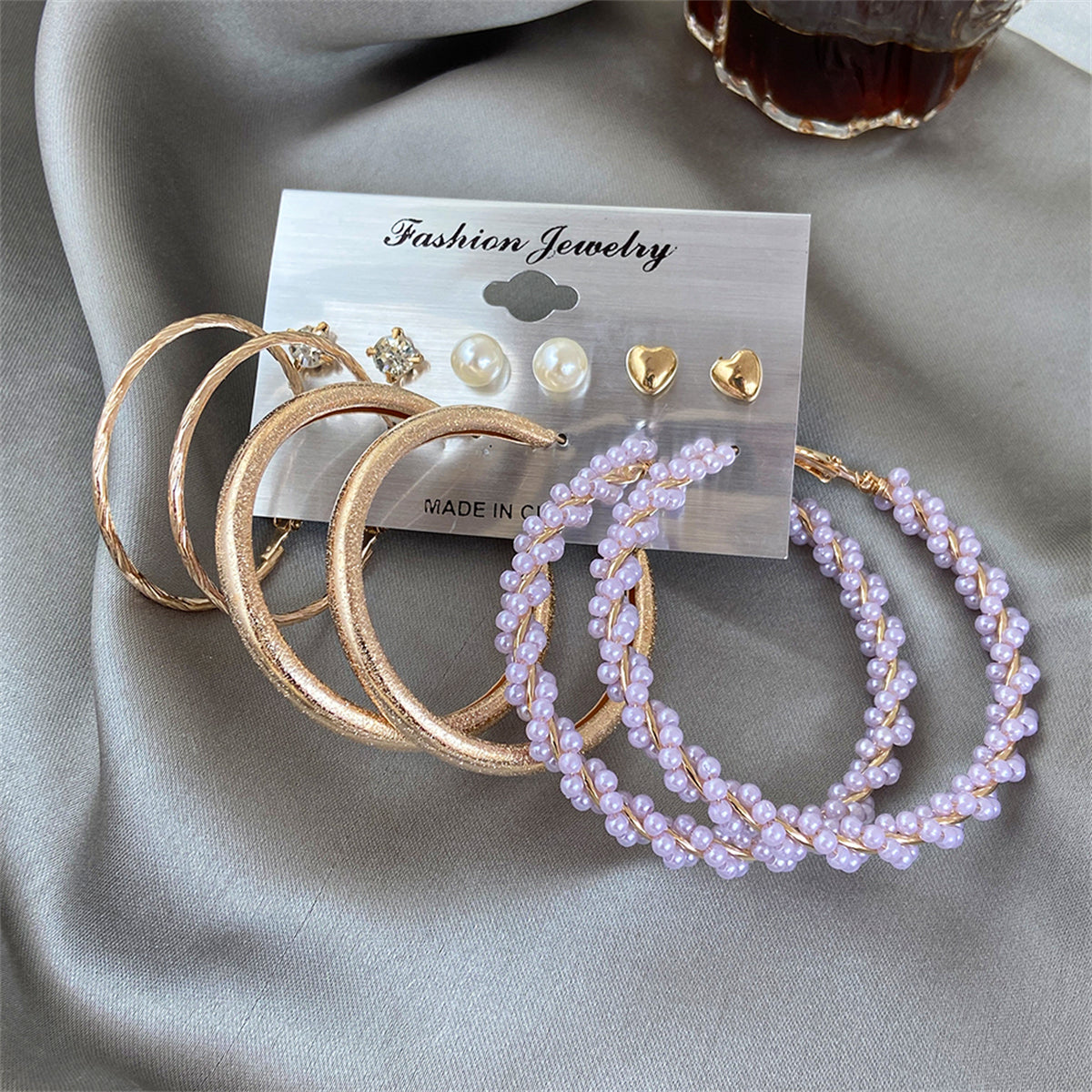 Cubic Zirconia and Pearl 18K Gold-Plated Hoop Earring Set, gold stud earrings for women, elegant gift for her, front view