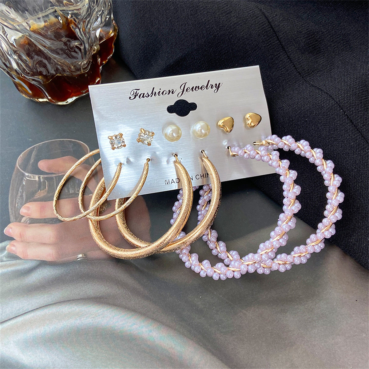 Cubic Zirconia and Pearl 18K Gold-Plated Hoop Earring Set, gold stud earrings for women, elegant gift for her, styled look