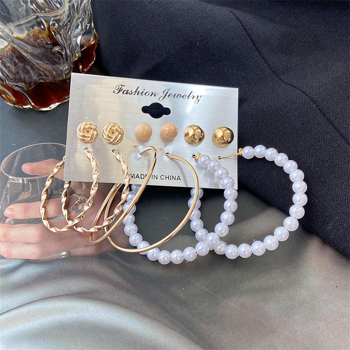 Pearl and 18K Gold-Plated Frosted Twisted Hoop Earring Set, gold stud earrings for women, lifestyle look