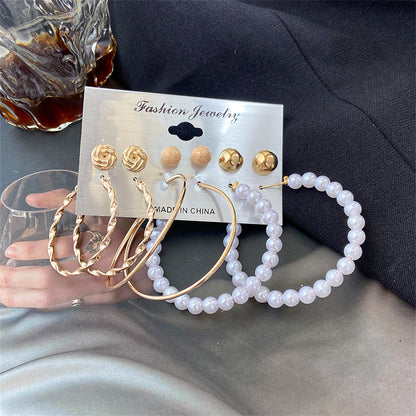 Pearl and 18K Gold-Plated Frosted Twisted Hoop Earring Set, gold stud earrings for women, lifestyle look