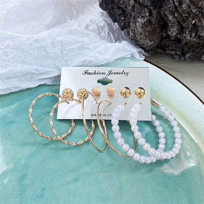 Pearl and 18K Gold-Plated Frosted Twisted Hoop Earring Set, gold stud earrings for women, elegant gift for her, styled look