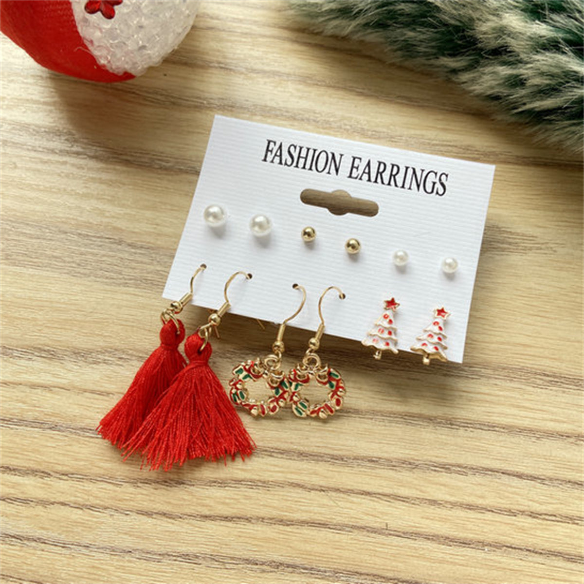 Pearl & Enamel 18K Gold-Plated Christmas Tree Earrings Set