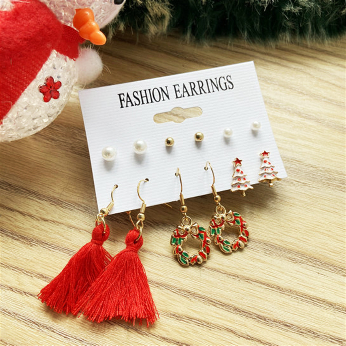 Pearl & Enamel 18K Gold-Plated Christmas Tree Earrings Set