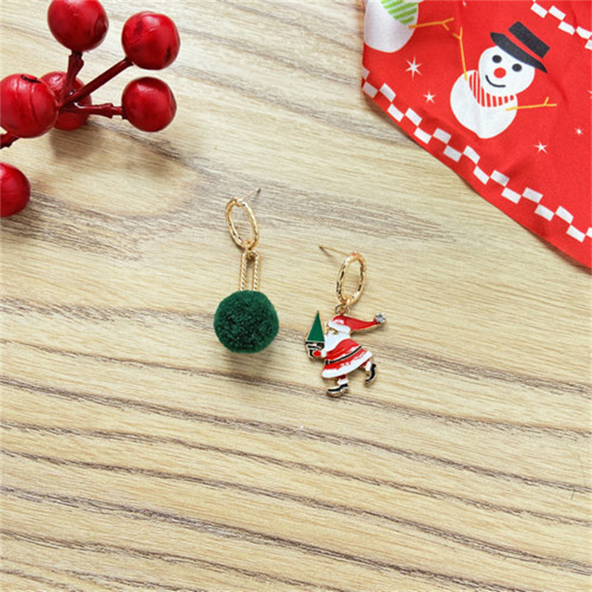 Cubic Zirconia and Green Pom-Pom Santa Mismatched Drop Earrings, drop earrings for women, vintage-inspired design, side view