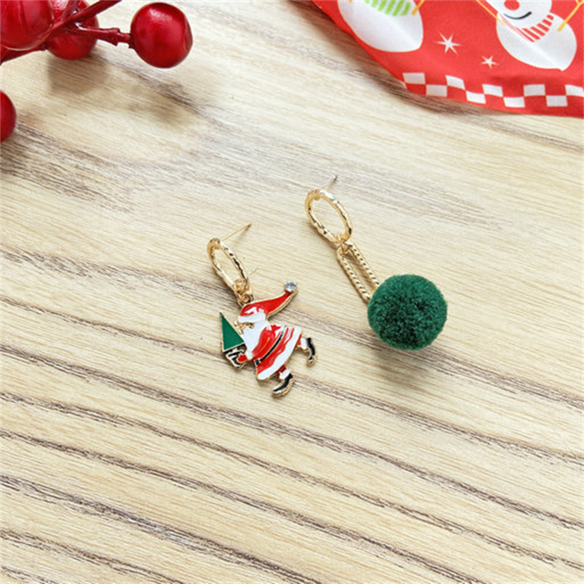 Cubic Zirconia and Green Pom-Pom Santa Mismatched Drop Earrings, drop earrings for women, detail close-up