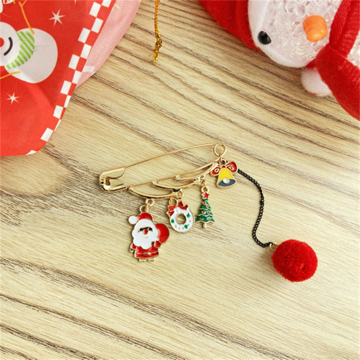 18K Gold-Plated Santa and Christmas Tree Pin Brooch, gold brooch pin, dainty minimalist design, side view