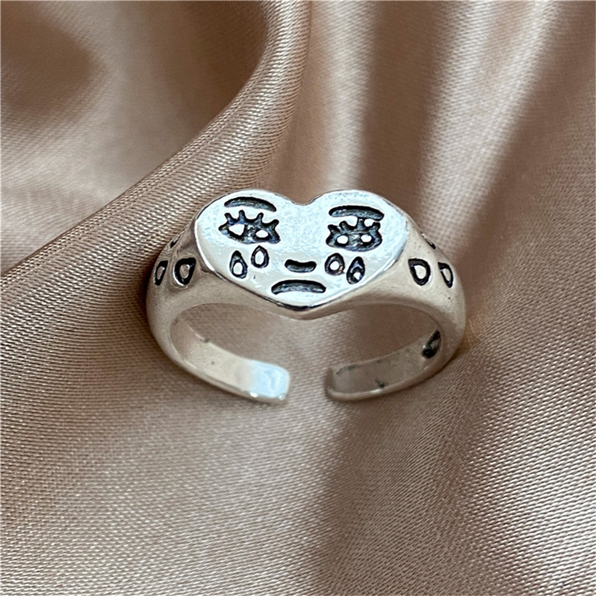 Silver-Plated Crying Heart Open Band Ring, silver statement rings for women, dainty minimalist design, front view