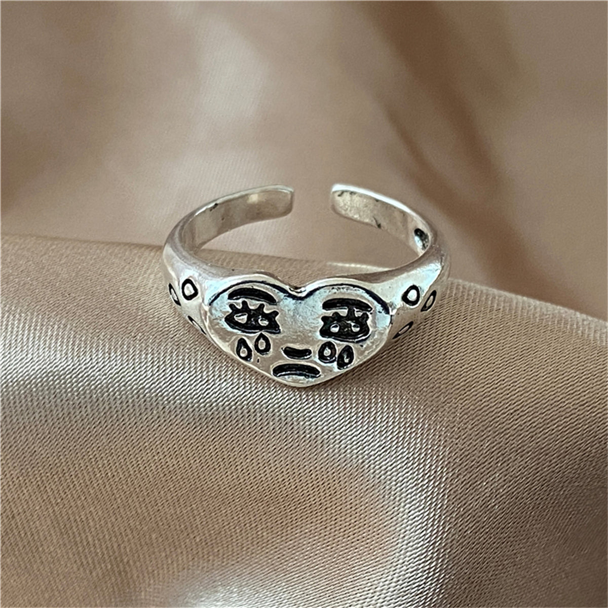 Silver-Plated Crying Heart Open Band Ring, silver statement rings for women, dainty minimalist design, lifestyle look