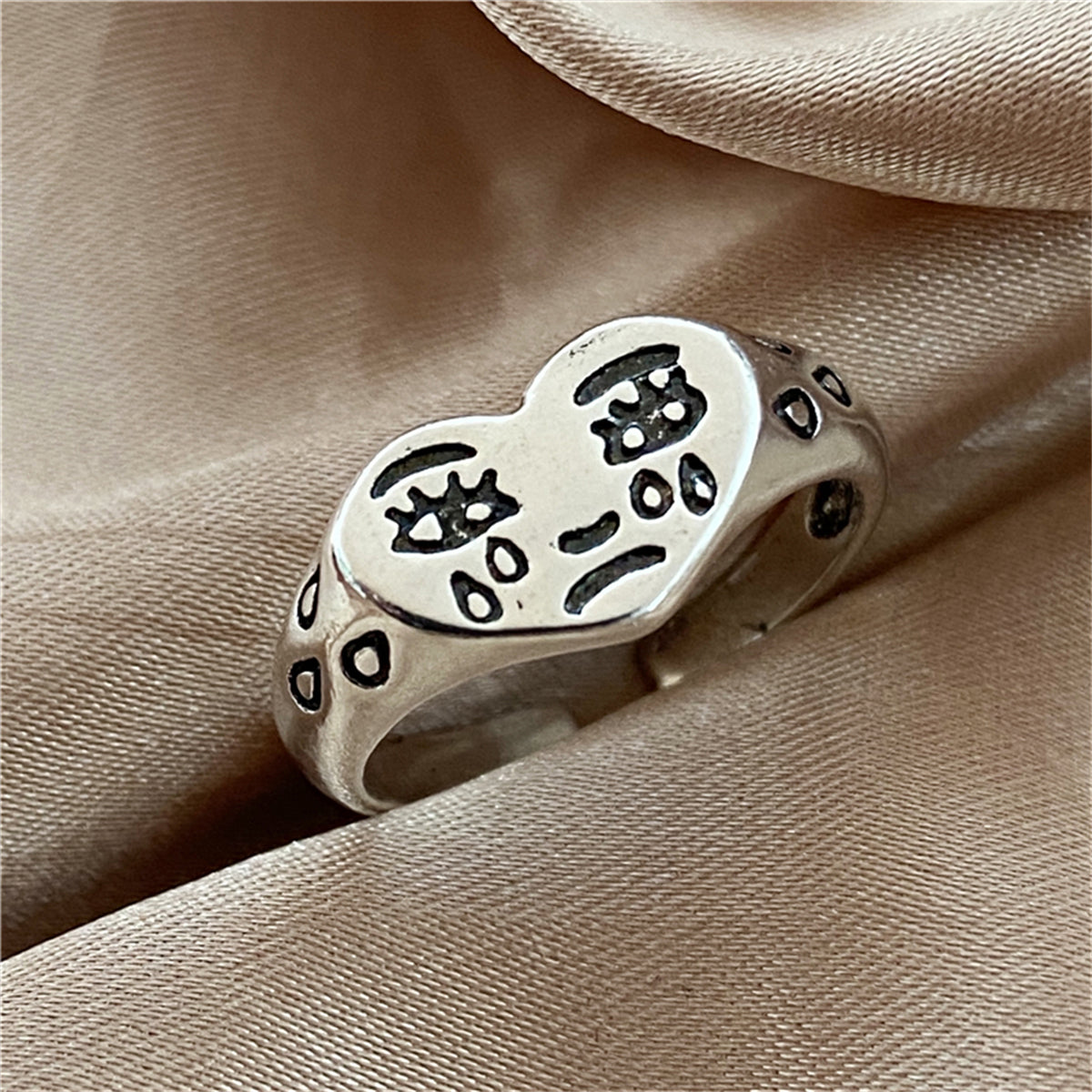 Silver-Plated Crying Heart Open Band Ring, silver statement rings for women, dainty minimalist design, styled look