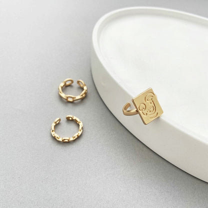 18K Gold-Plated Abstract Face Cable Chain Open Ring Set, jewelry gift sets for women, botanical inspired, detail close-up