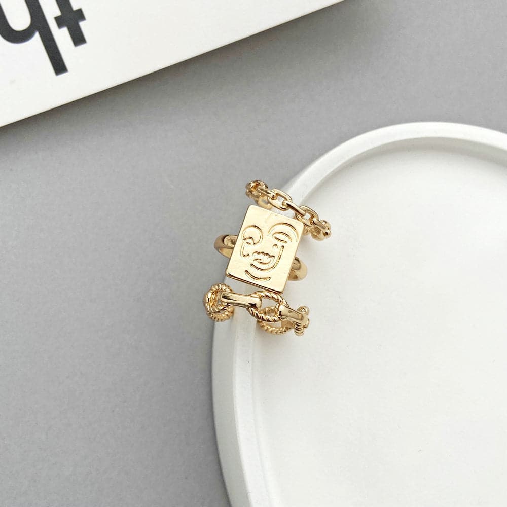 18K Gold-Plated Abstract Face Cable Chain Open Ring Set, jewelry gift sets for women, botanical inspired, styled look