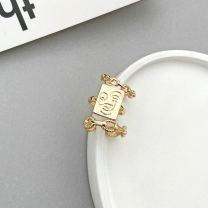 18K Gold-Plated Abstract Face Cable Chain Open Ring Set, jewelry gift sets for women, botanical inspired, styled look