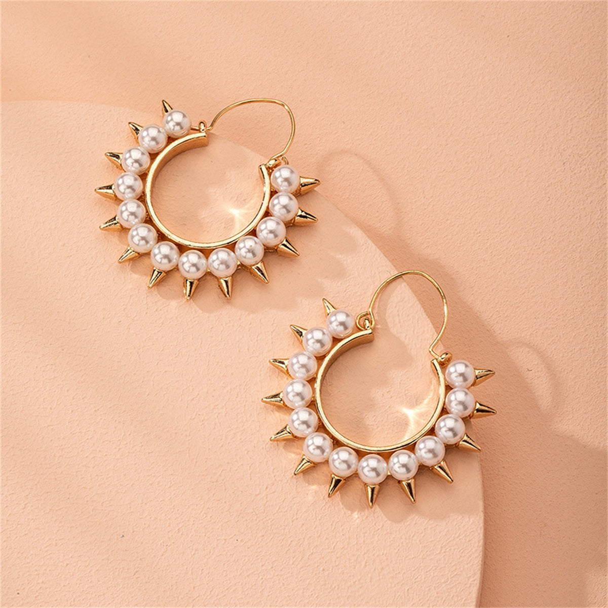 Pearl and 18K Gold-Plated Spike Hoop Earrings, gold drop earrings for women, botanical inspired, detail close-up