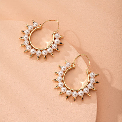 Pearl and 18K Gold-Plated Spike Hoop Earrings, gold drop earrings for women, botanical inspired, detail close-up