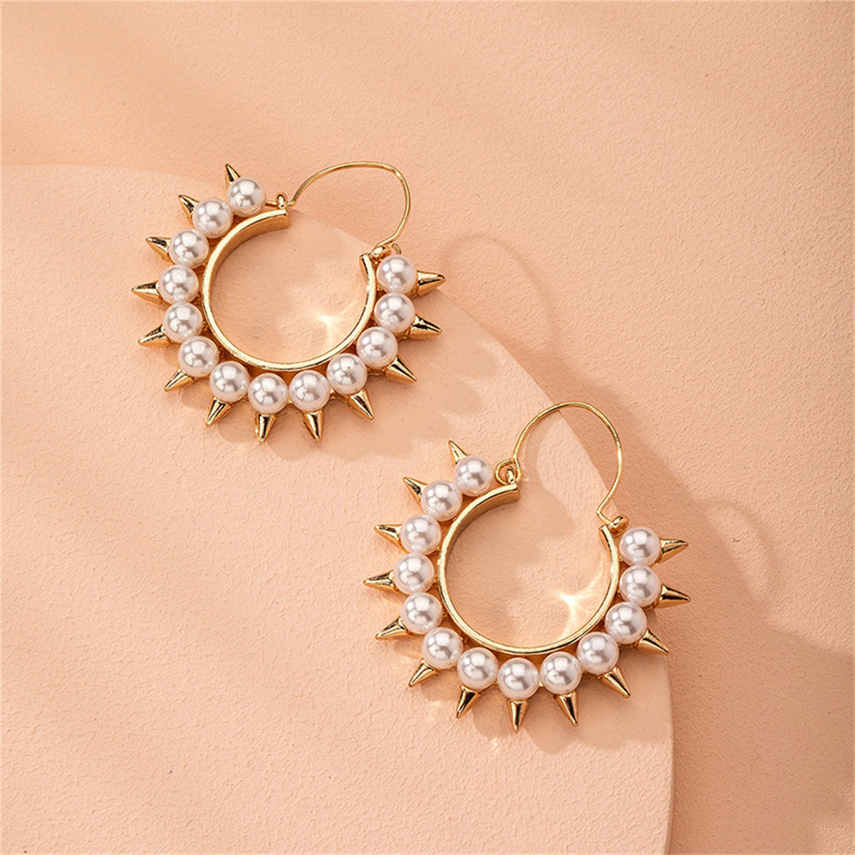 Pearl and 18K Gold-Plated Spike Hoop Earrings, gold drop earrings for women, botanical inspired, front view