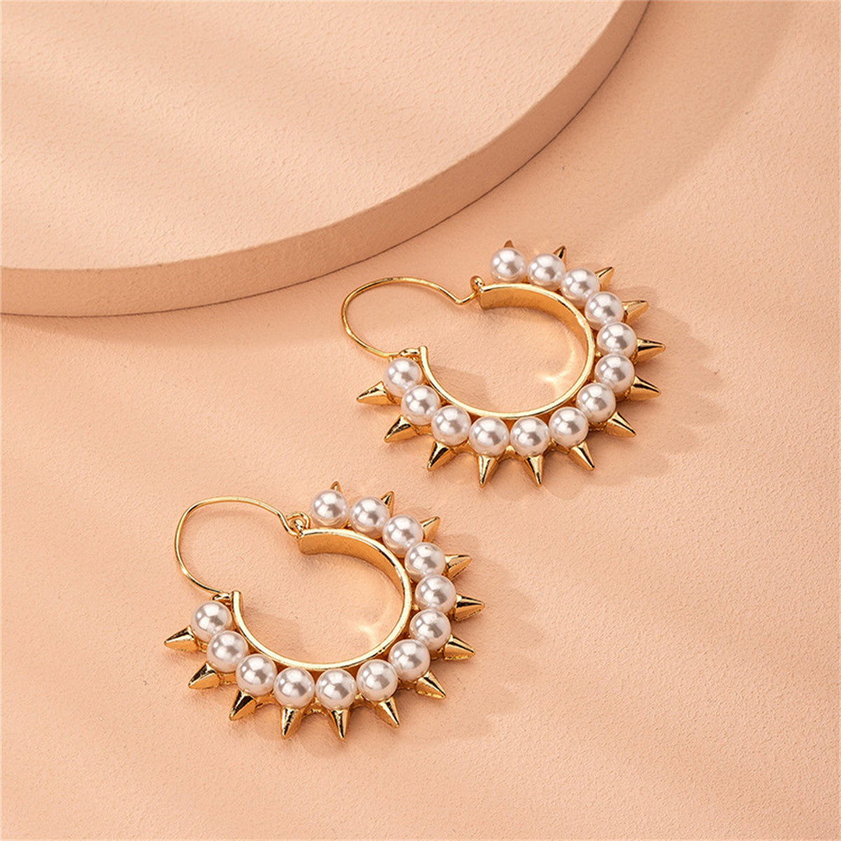 Pearl and 18K Gold-Plated Spike Hoop Earrings, gold drop earrings for women, botanical inspired, side view