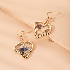 Pressed Purple Flower & 18K Gold-Plated Heart Drop Earrings