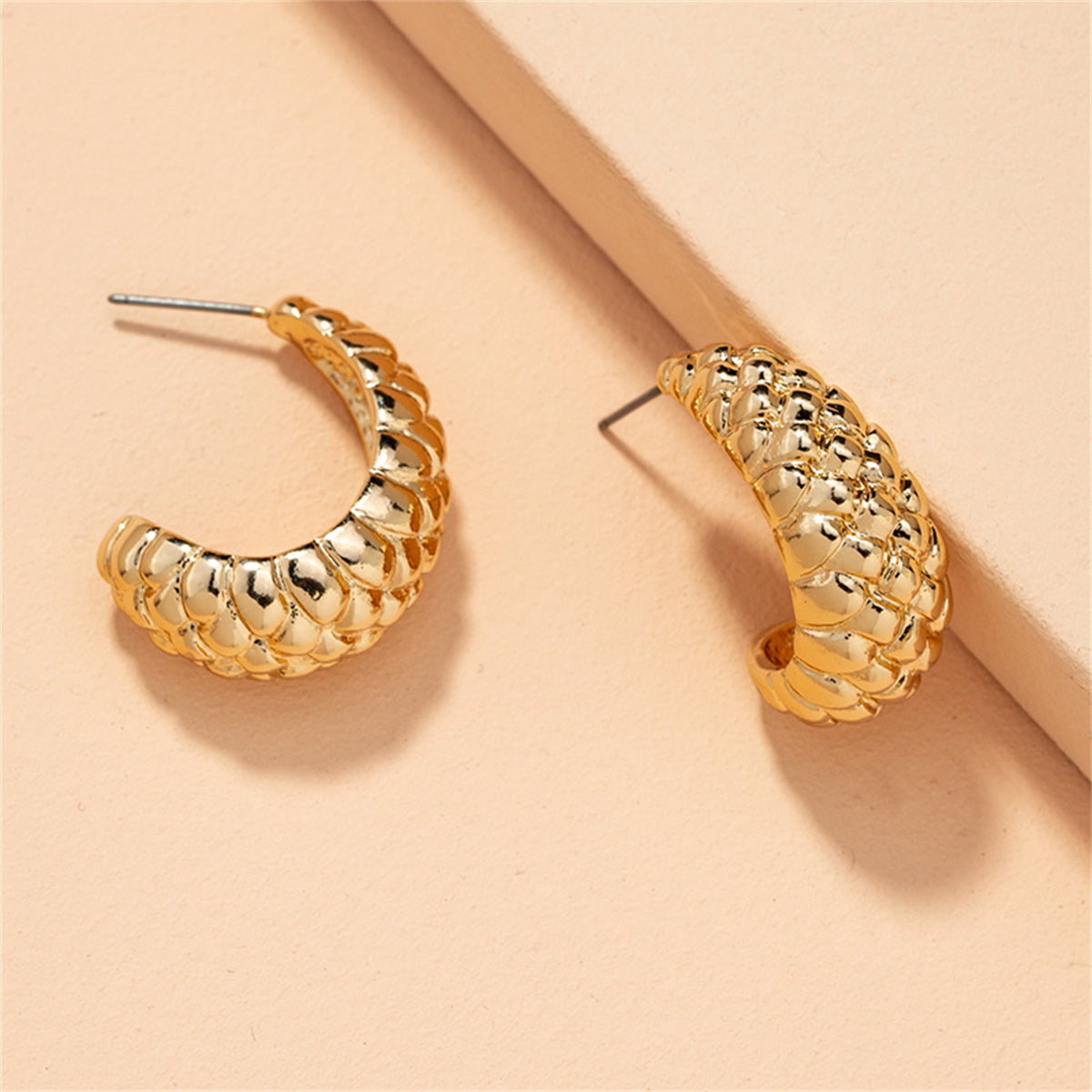 18K Gold-Plated Litchin Grain Huggie Earrings, gold huggie earrings, dainty minimalist design, front view