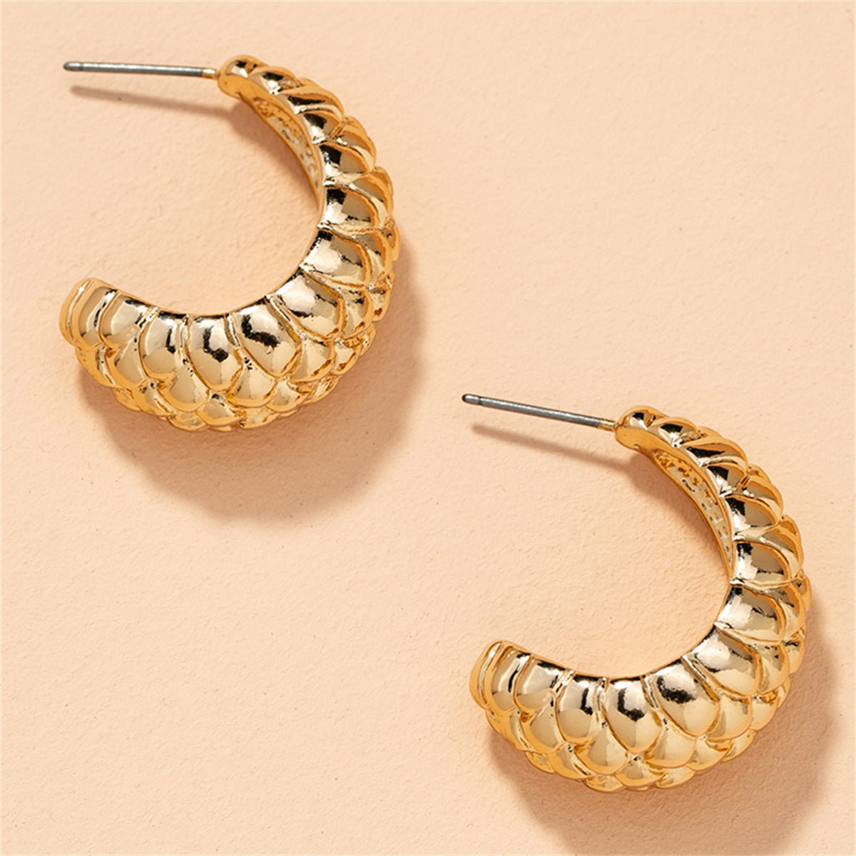18K Gold-Plated Litchin Grain Huggie Earrings, gold huggie earrings, dainty minimalist design, side view