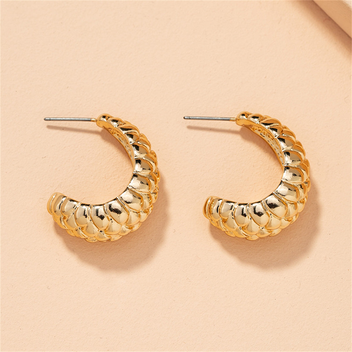 18K Gold-Plated Litchin Grain Huggie Earrings, gold huggie earrings, dainty minimalist design, detail close-up
