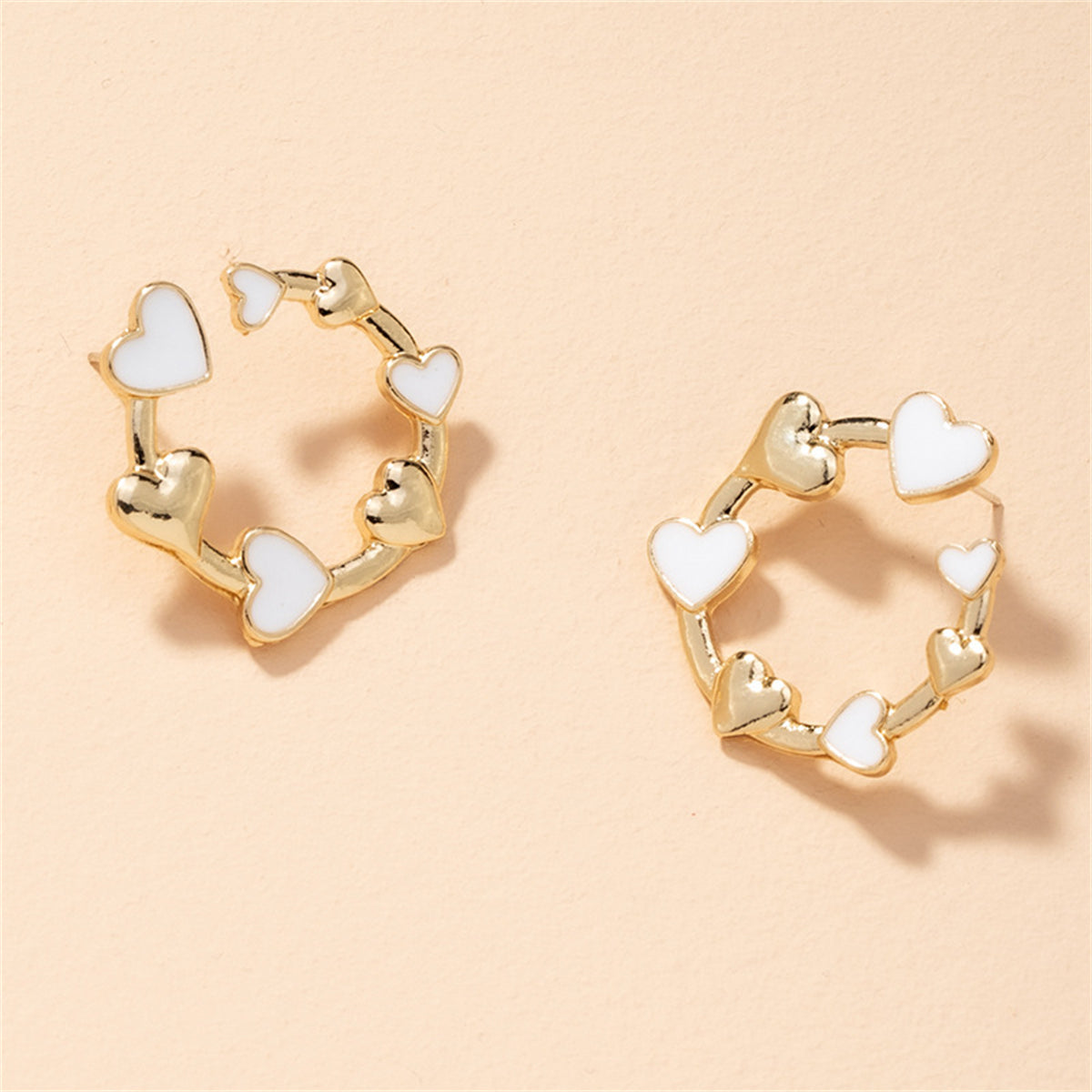 White Enamel & 18K Gold-Plated Heart Round Stud Earrings