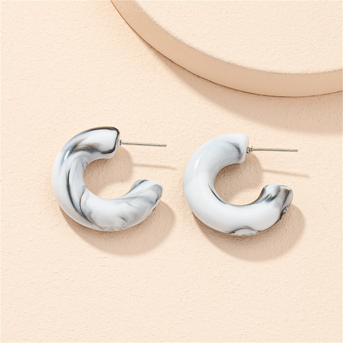 Gray Resin and Silver-Plated Huggie Earrings, silver huggie earrings, everyday style, front view