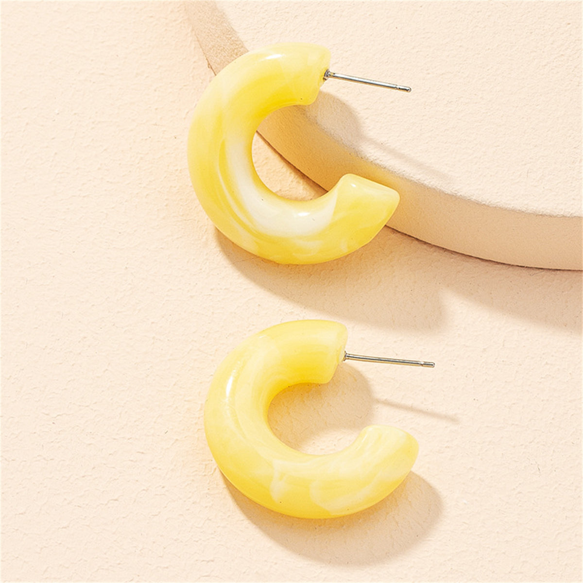 Yellow Resin Chunky Hoop Huggie Earring, huggie earrings, botanical inspired, side view