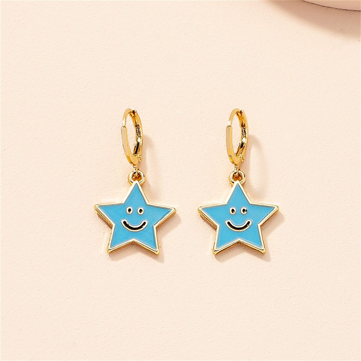Blue Enamel & 18K Gold-Plated Smiley Star Huggie Drop Earrings