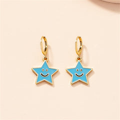 Blue Enamel & 18K Gold-Plated Smiley Star Huggie Drop Earrings