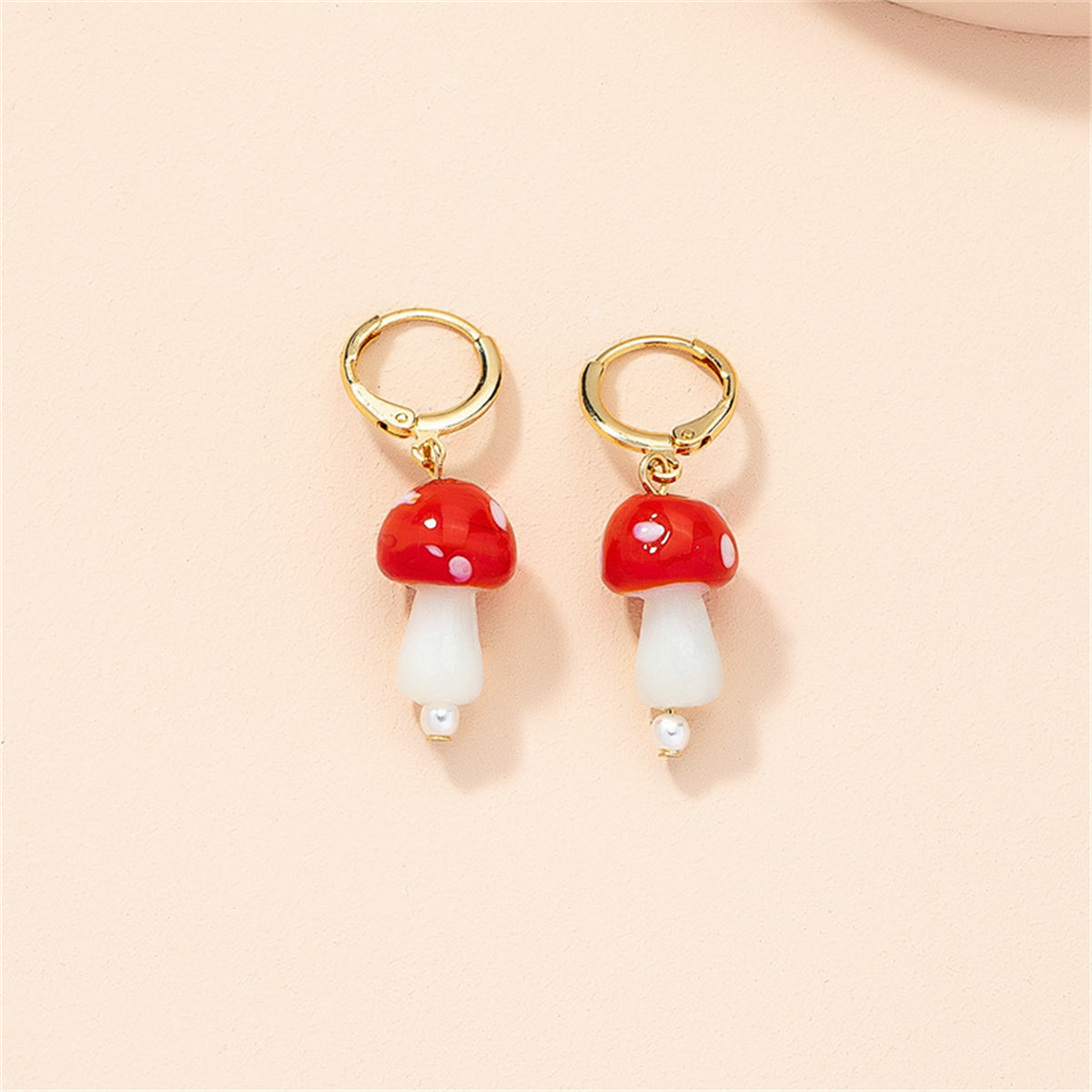 Red Resin & Pearl Mushroom Drop Earrings