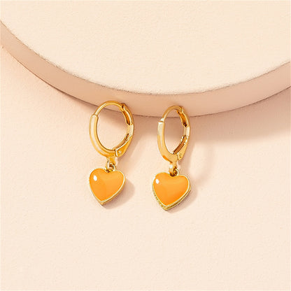 Orange Enamel and 18K Gold-Plated Heart Huggie Earrings, gold huggie earrings, elegant gift for her, front view