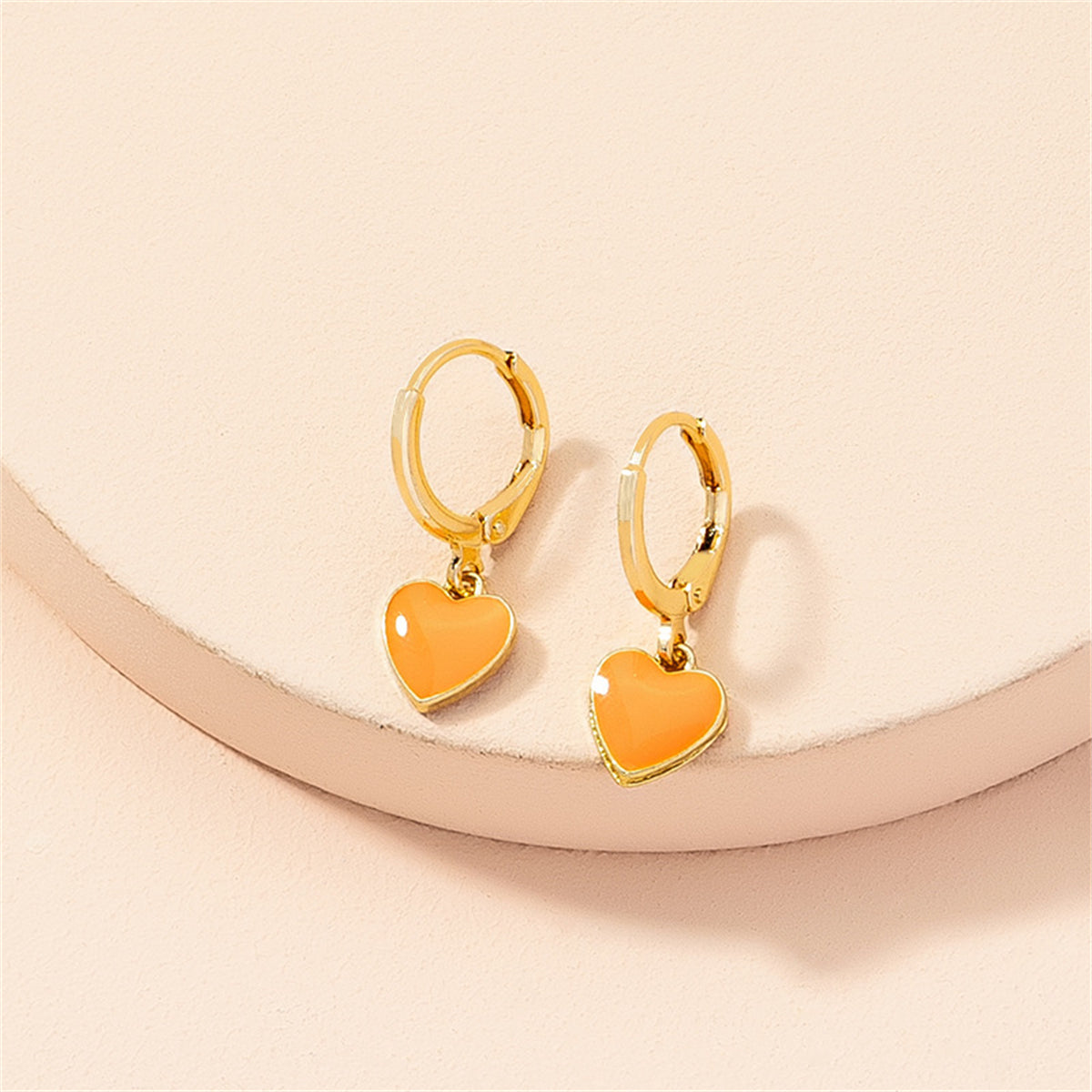 Orange Enamel and 18K Gold-Plated Heart Huggie Earrings, gold huggie earrings, elegant gift for her, detail close-up