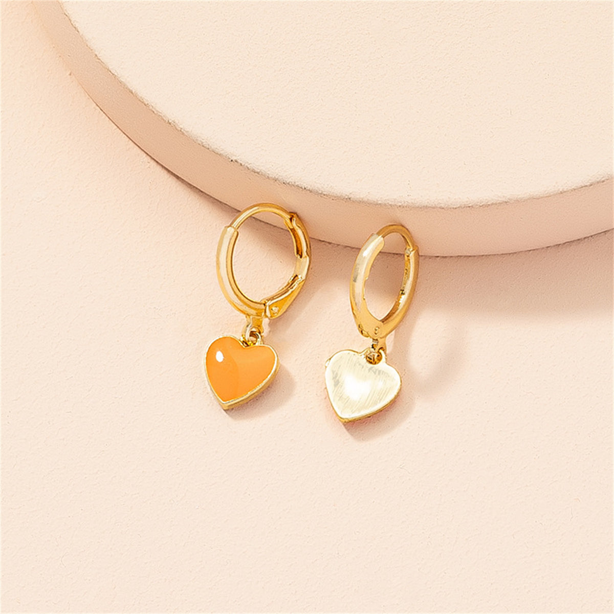Orange Enamel and 18K Gold-Plated Heart Huggie Earrings, gold huggie earrings, elegant gift for her, lifestyle look