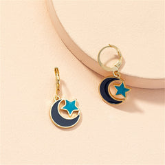 Blue Enamel & 18K Gold-Plated Moon Star Huggie Earrings