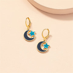 Blue Enamel & 18K Gold-Plated Moon Star Huggie Earrings