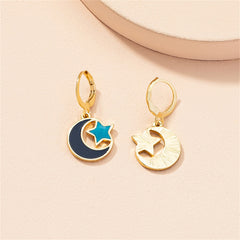 Blue Enamel & 18K Gold-Plated Moon Star Huggie Earrings