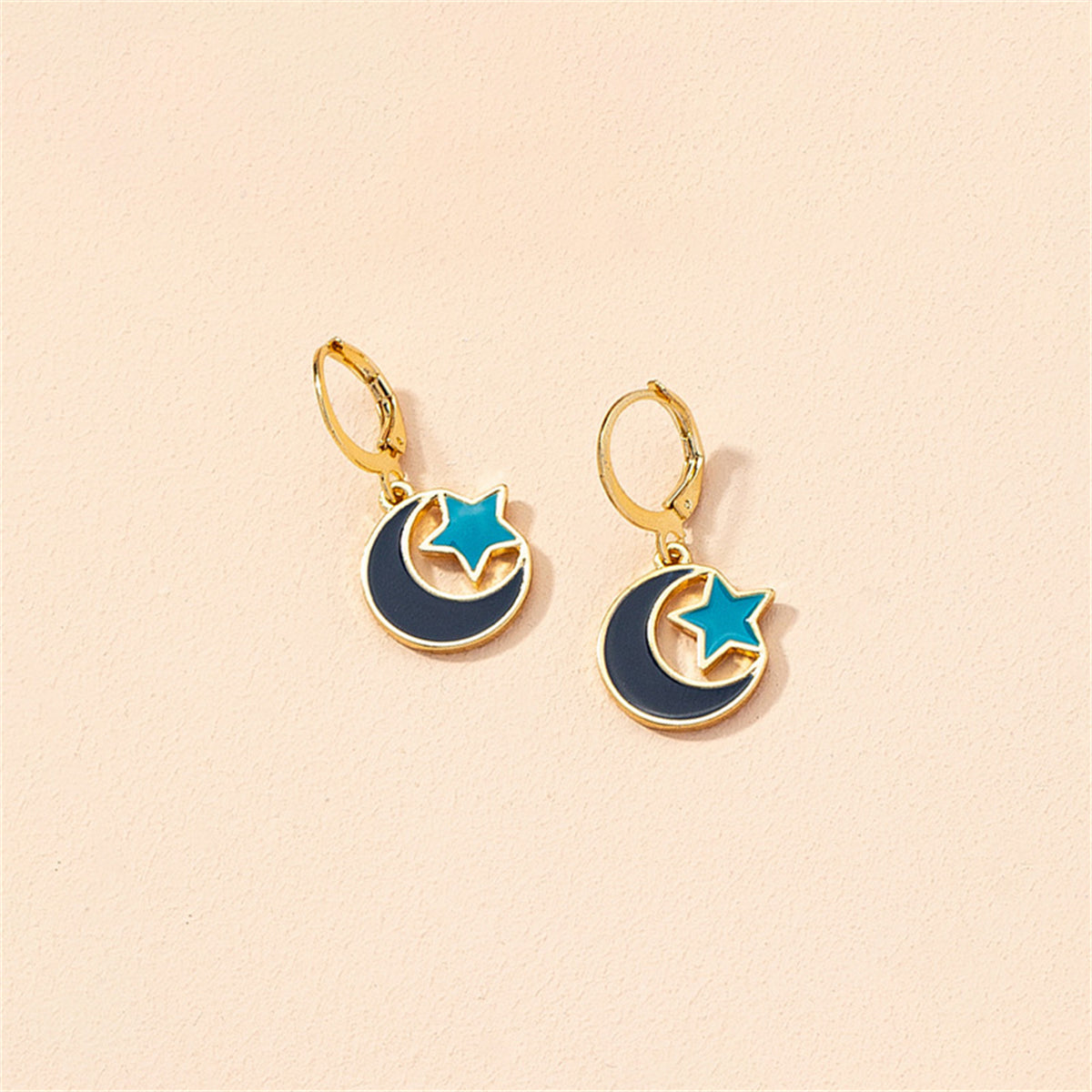 Blue Enamel & 18K Gold-Plated Moon Star Huggie Earrings