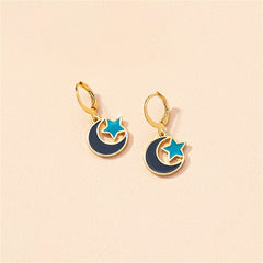 Blue Enamel & 18K Gold-Plated Moon Star Huggie Earrings