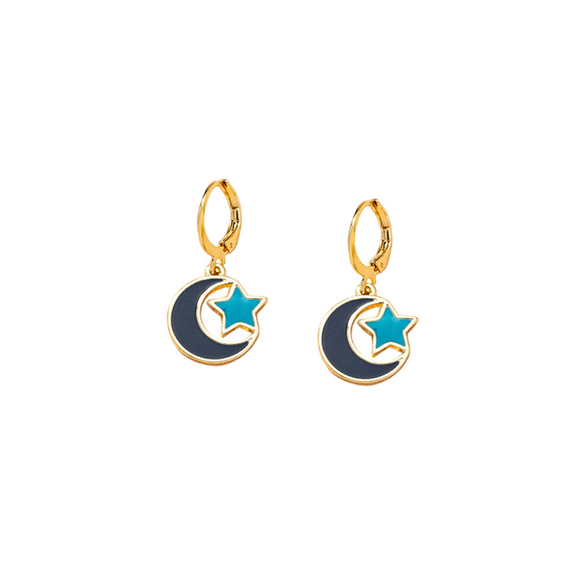 Blue Enamel & 18K Gold-Plated Moon Star Huggie Earrings