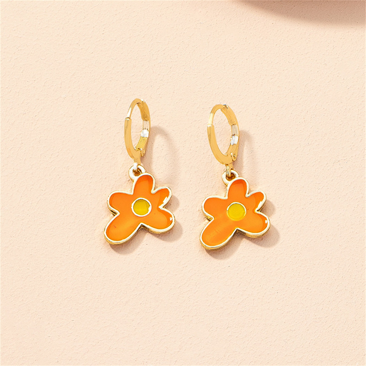 Orange Enamel and 18K Gold-Plated Flower Drop Earrings, gold huggie earrings, everyday style, detail close-up